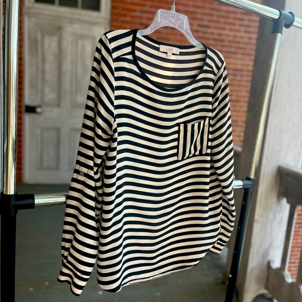 Ann Taylor Loft, Medium, Black and White Striped Blouse/Tunic